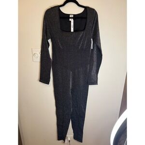 PINK VS Shimmer Seamless Long Sleeve Squareneck Jumpsuit Black Size XL NWT